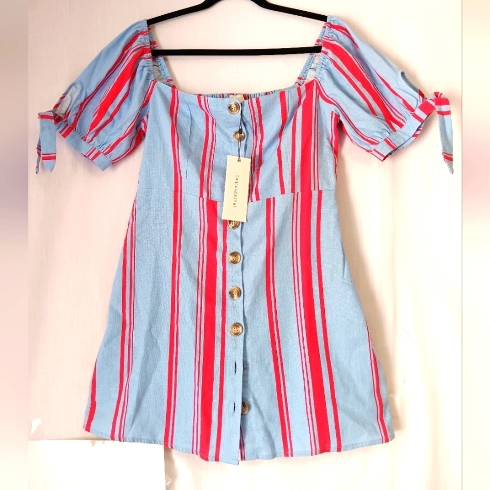 off-the-shoulder blouse buttons Full, sz M, linen blend,Tie balloon Sleeve,
